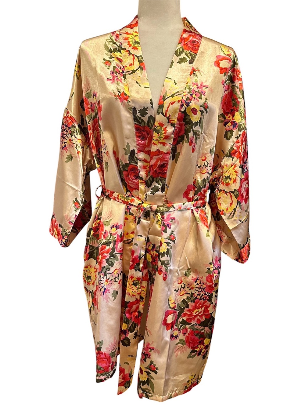 Champagne Colored Floral Silk Kimono Robe Size M